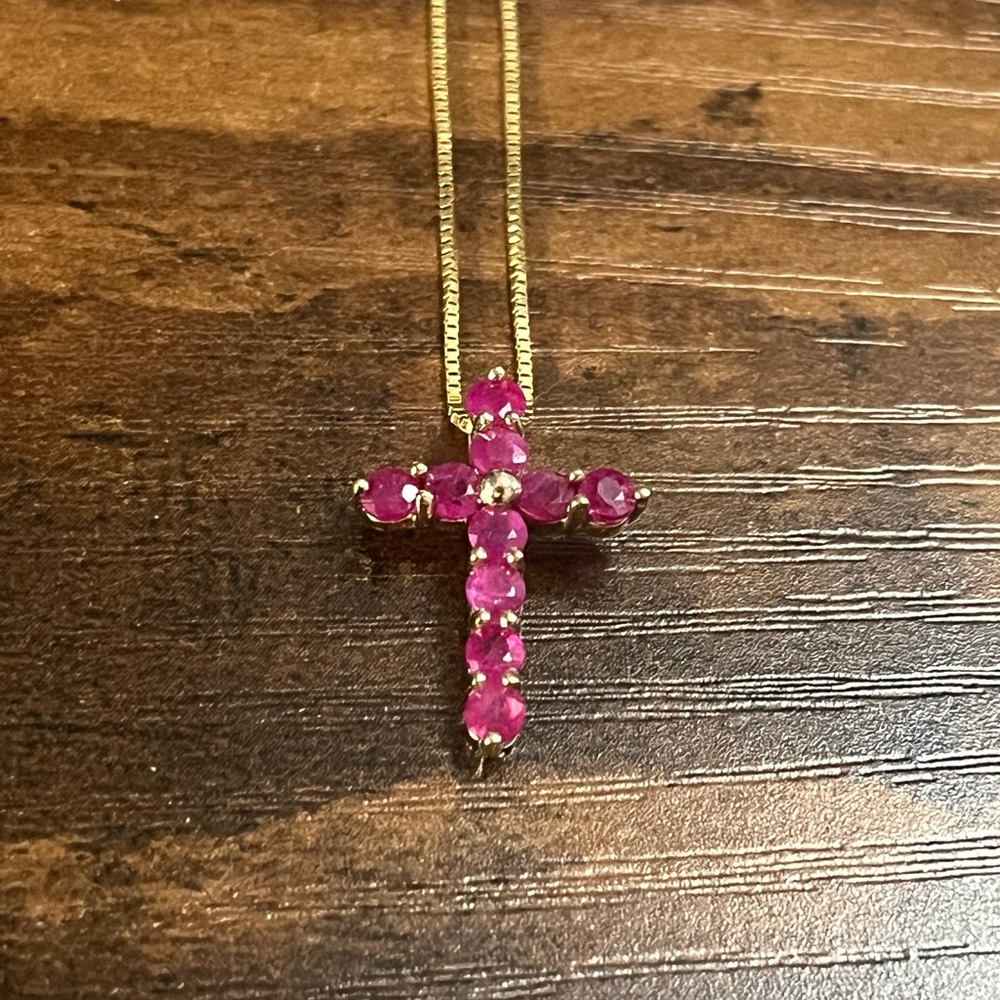 Gold Necklace with Red Stone Cross Pendant